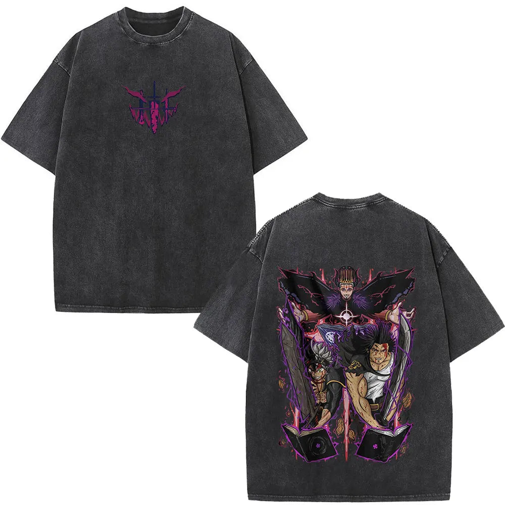 Washed Anime Black Clover Logo Graphic Print T-shirt Harajuku Summer Fashion Casual Cotton Oversized T-shirts Tops Streetwear