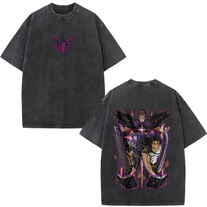 Washed Anime Black Clover Logo Graphic Print T-shirt Harajuku Summer Fashion Casual Cotton Oversized T-shirts Tops Streetwear