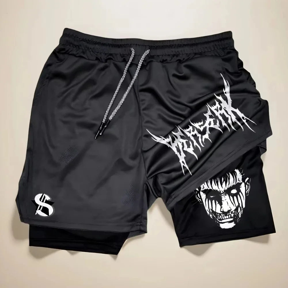 Fashion Anime Printed Motorcycle Shorts Men's Quick Drying Sports Shorts Lined with Double Layer Running Fitness Fake Two Pieces