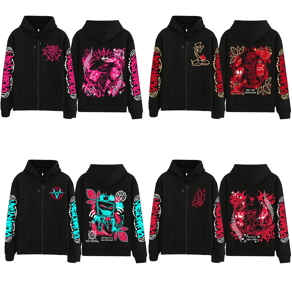 Anime Hazbin-Hotel Zipper Hoodie Man Woman Harajuku Pullover Tops Long Sleeve Streetwear Sweatshirt