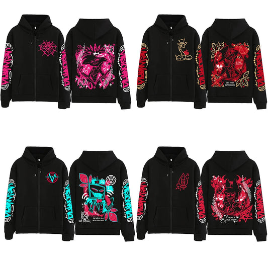 Anime Hazbin-Hotel Zipper Hoodie Man Woman Harajuku Pullover Tops Long Sleeve Streetwear Sweatshirt