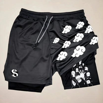 Fashion Anime Printed Motorcycle Shorts Men's Quick Drying Sports Shorts Lined with Double Layer Running Fitness Fake Two Pieces