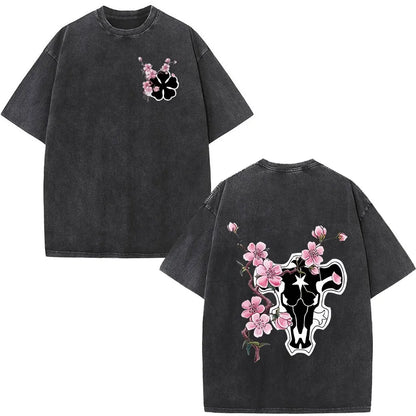 Washed Anime Black Clover Logo Graphic Print T-shirt Harajuku Summer Fashion Casual Cotton Oversized T-shirts Tops Streetwear