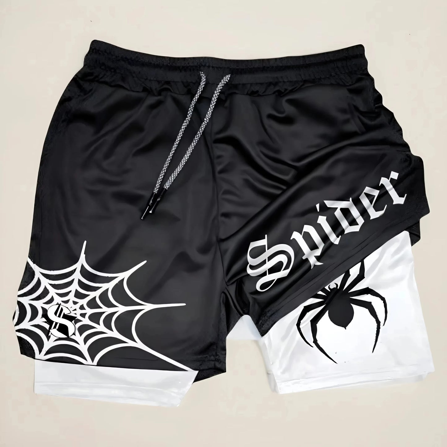 Fashion Anime Printed Motorcycle Shorts Men's Quick Drying Sports Shorts Lined with Double Layer Running Fitness Fake Two Pieces