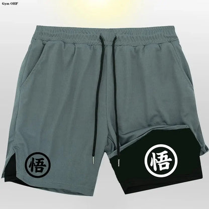 Goku Anime Running Shorts Men Fitness Gym Training 2 in 1 Sports Shorts Quick Dry Workout Jogging Double Deck Shorts