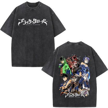 Washed Anime Black Clover Logo Graphic Print T-shirt Harajuku Summer Fashion Casual Cotton Oversized T-shirts Tops Streetwear