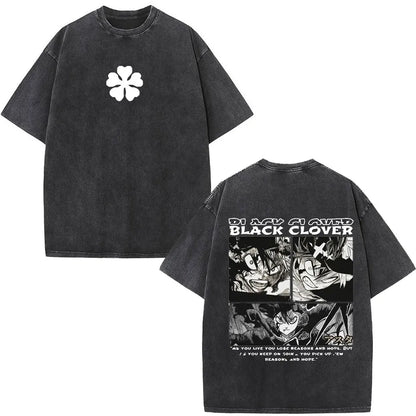 Washed Anime Black Clover Logo Graphic Print T-shirt Harajuku Summer Fashion Casual Cotton Oversized T-shirts Tops Streetwear
