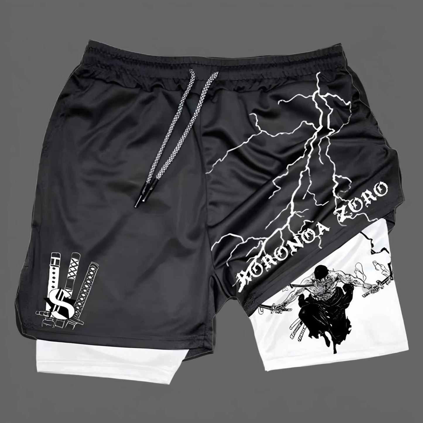 Fashion Anime Printed Motorcycle Shorts Men's Quick Drying Sports Shorts Lined with Double Layer Running Fitness Fake Two Pieces