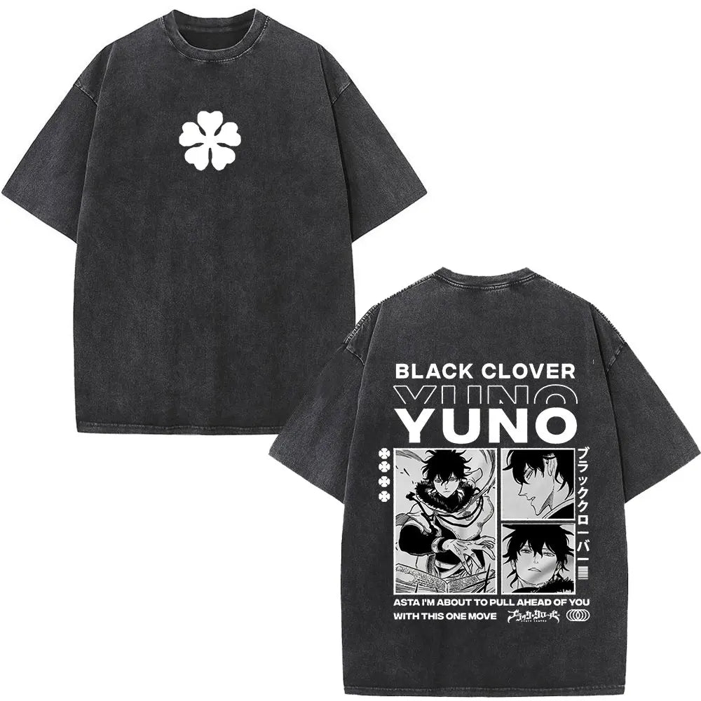 Washed Anime Black Clover Logo Graphic Print T-shirt Harajuku Summer Fashion Casual Cotton Oversized T-shirts Tops Streetwear