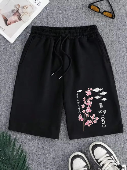 Tokyo Cherry Blossoms Birds Prints Pants Mens Sporty High Waisted Wide Shorts Summer Oversized Shorts Casual Pocket Male Clothes