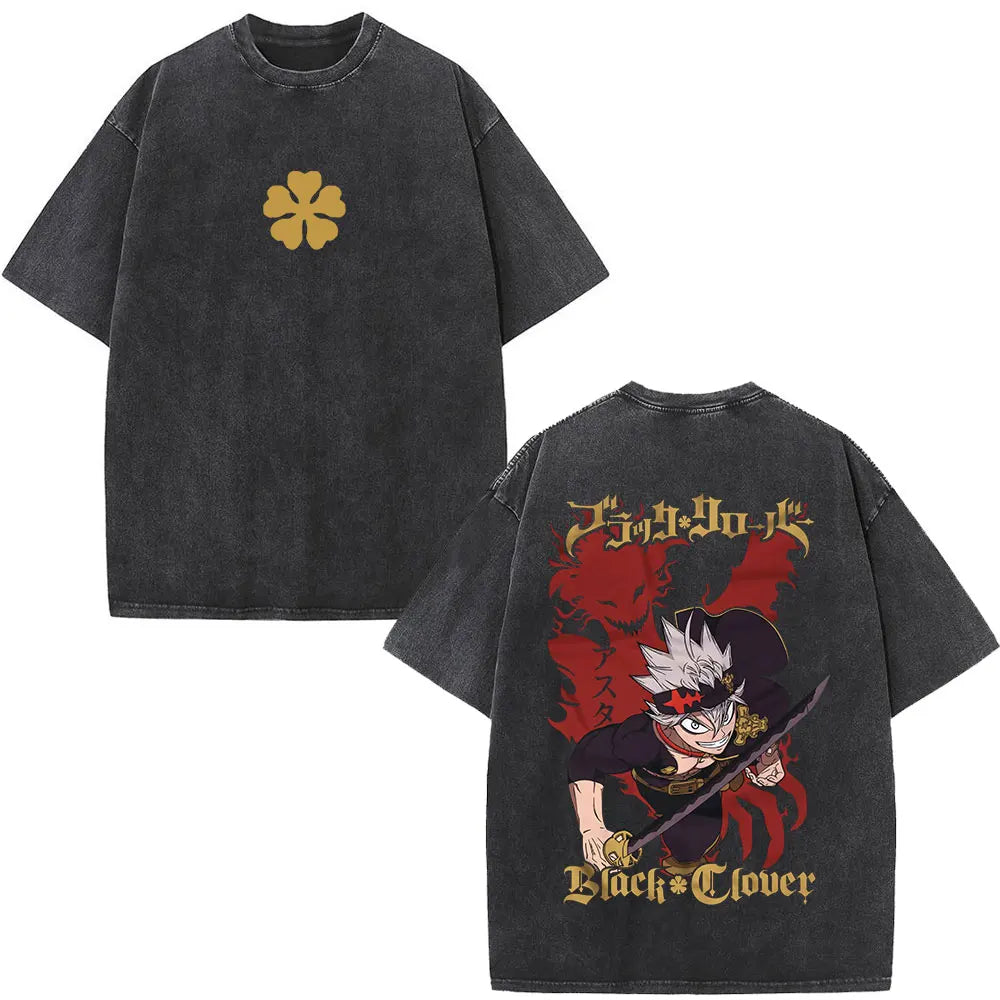 Washed Anime Black Clover Logo Graphic Print T-shirt Harajuku Summer Fashion Casual Cotton Oversized T-shirts Tops Streetwear