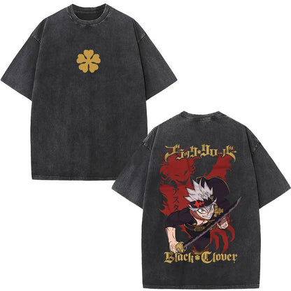 Washed Anime Black Clover Logo Graphic Print T-shirt Harajuku Summer Fashion Casual Cotton Oversized T-shirts Tops Streetwear