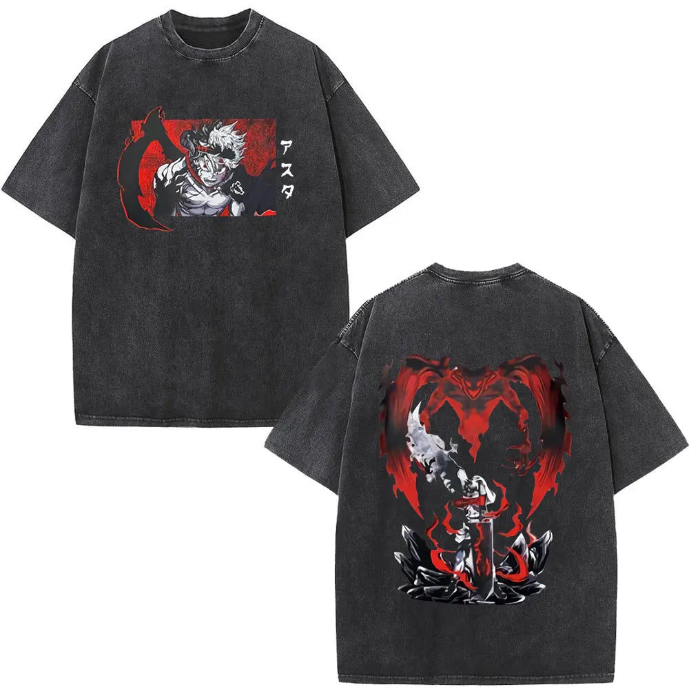 Washed Anime Black Clover Logo Graphic Print T-shirt Harajuku Summer Fashion Casual Cotton Oversized T-shirts Tops Streetwear