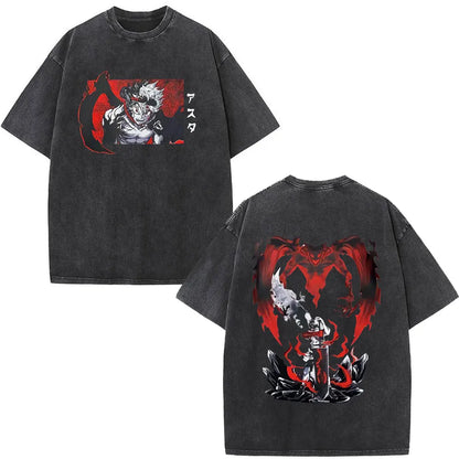 Washed Anime Black Clover Logo Graphic Print T-shirt Harajuku Summer Fashion Casual Cotton Oversized T-shirts Tops Streetwear