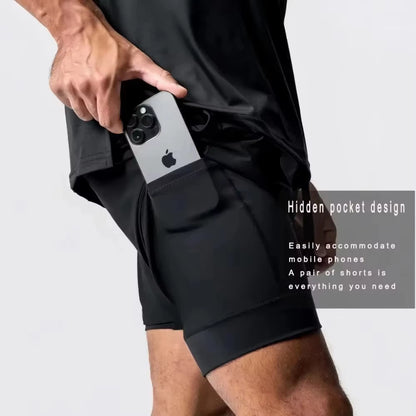 Demon Slayer Men's Double-layer Shorts Zenitsu Agatsuma Summer Japanese Anime Fake Two-piece Sports Fitness Quick-drying Shorts