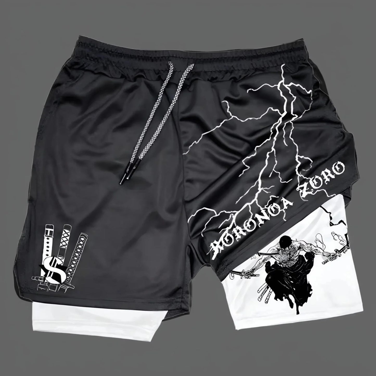 Fashion Anime Printed Motorcycle Shorts Men's Quick Drying Sports Shorts Lined with Double Layer Running Fitness Fake Two Pieces