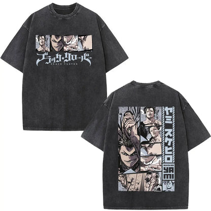 Washed Anime Black Clover Logo Graphic Print T-shirt Harajuku Summer Fashion Casual Cotton Oversized T-shirts Tops Streetwear