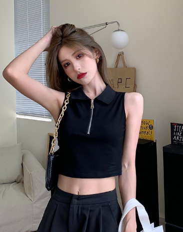 Solid Color Zipper Crop Top with Halter Neck