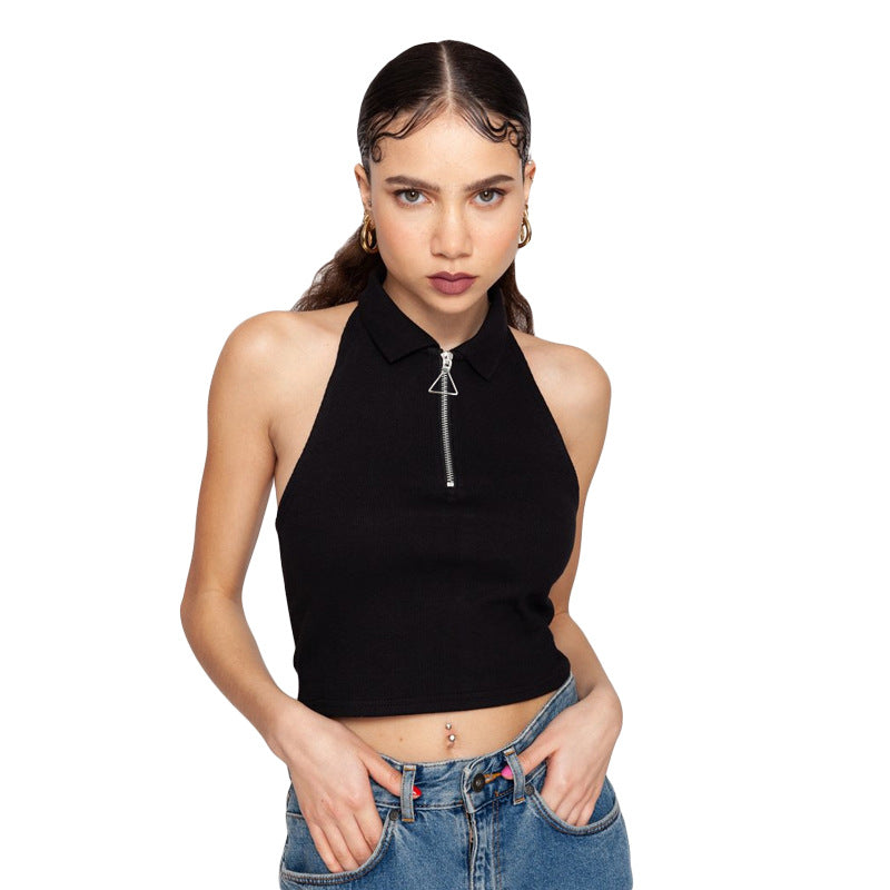 Solid Color Zipper Crop Top with Halter Neck