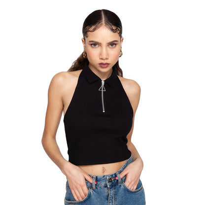 Solid Color Zipper Crop Top with Halter Neck